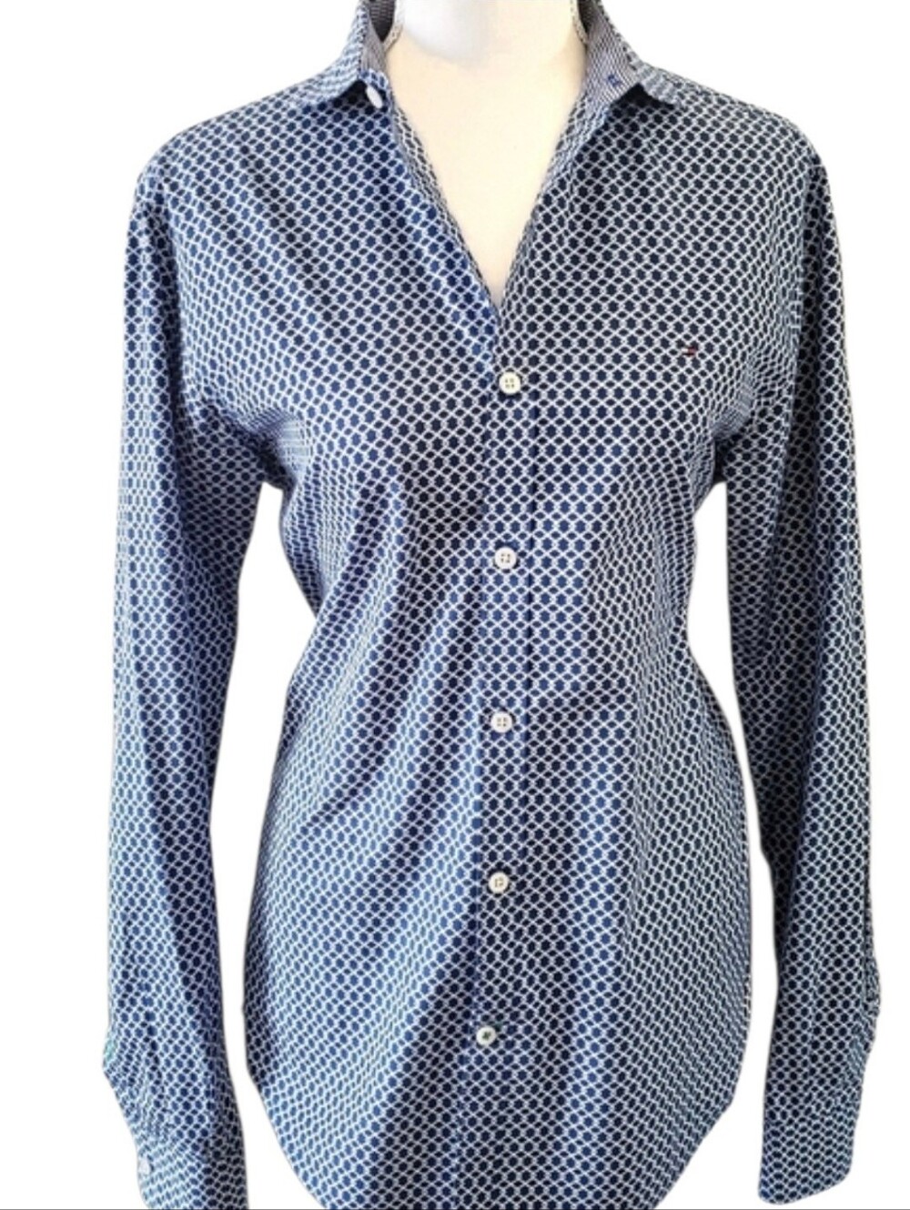 Tommy Hilfiger Womens New York Fit Button Down Shirt Blue Geo Pattern Small